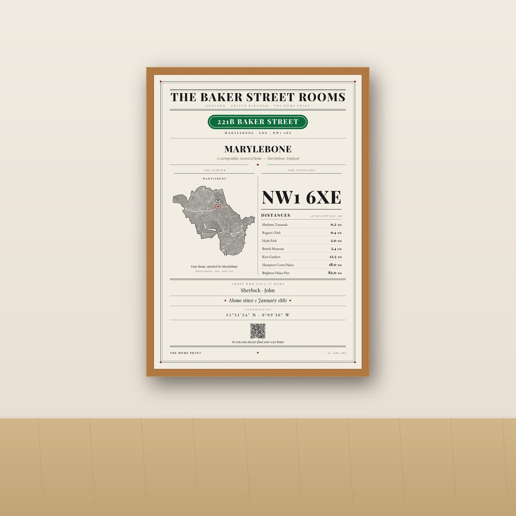 The Home Print in a red oak frame, styled on a wall