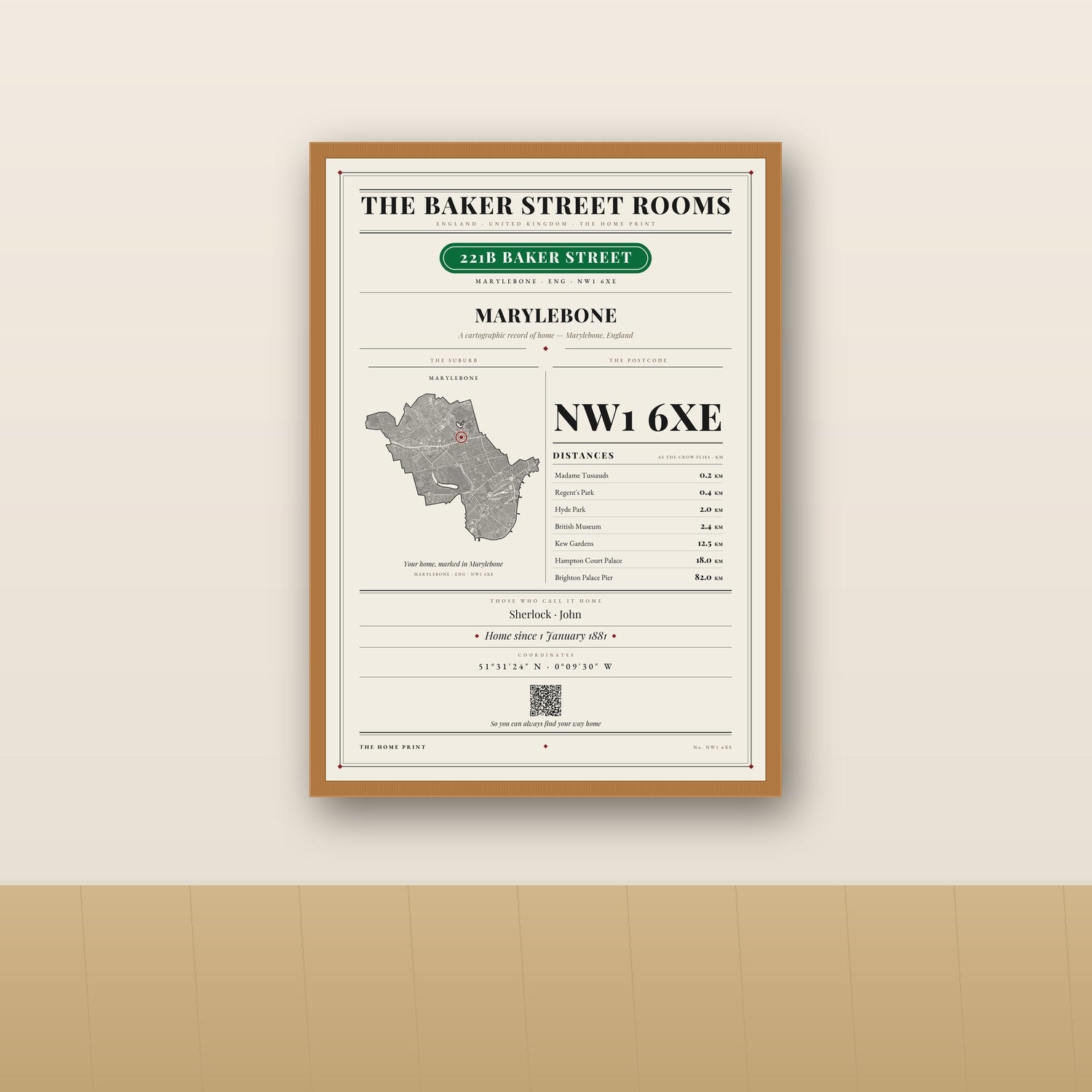The Home Print in a red oak frame, styled on a wall