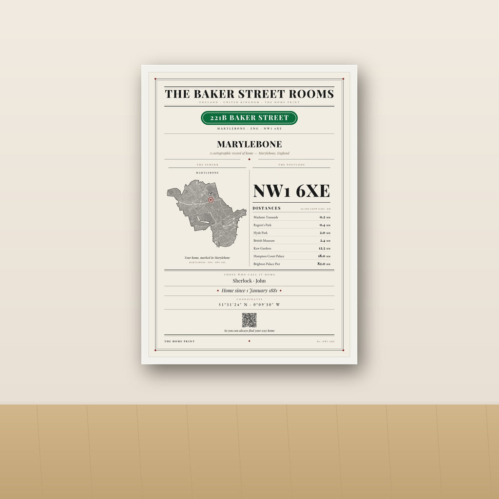 The Home Print in a white frame, styled on a wall