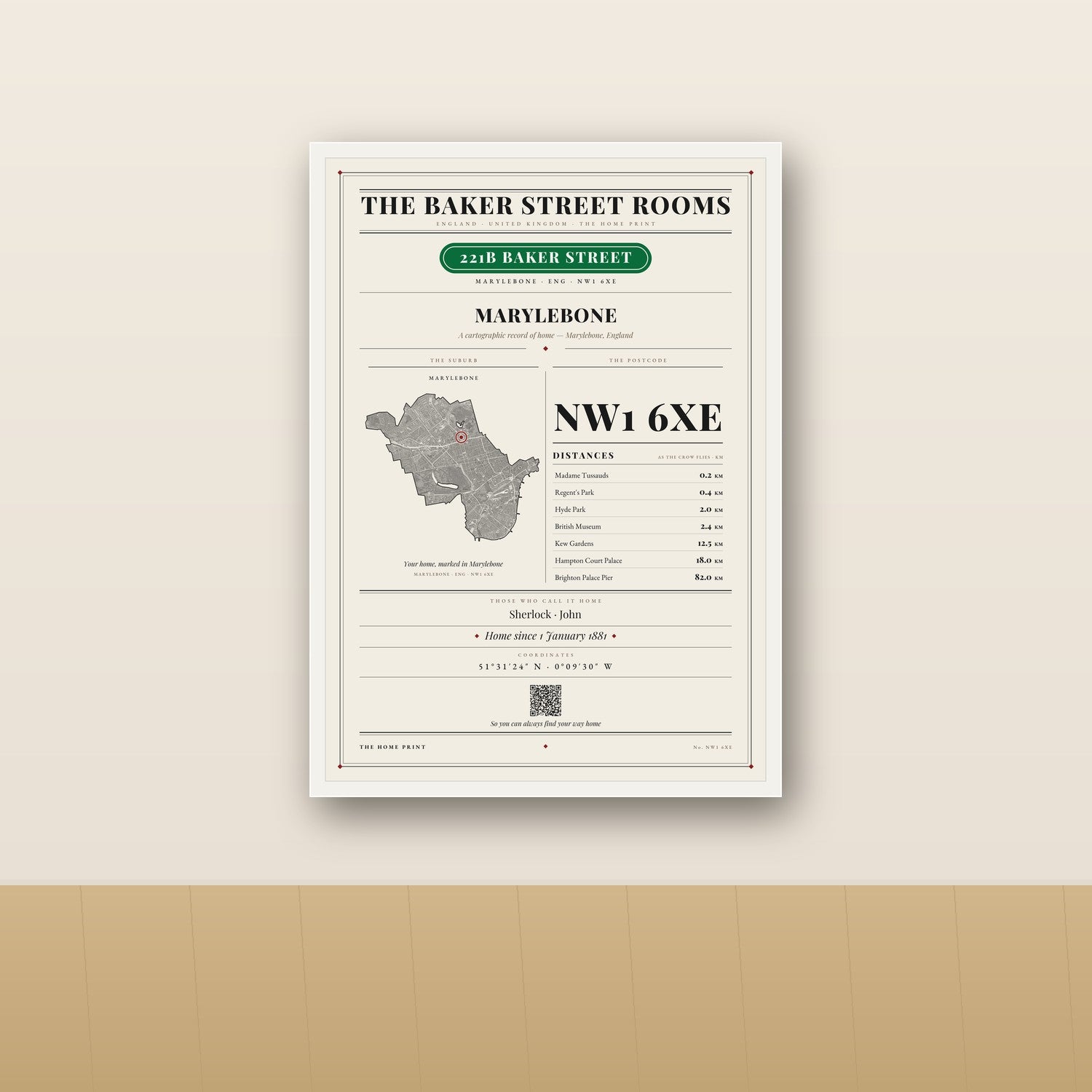 The Home Print in a white frame, styled on a wall